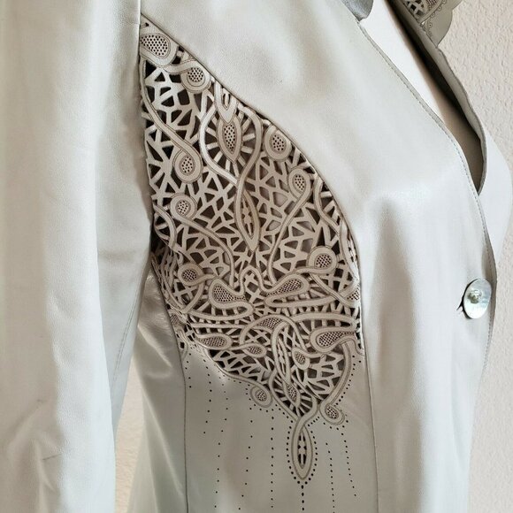 RARE Vera Pelle Lasercut Side Panel Real Soft Leather Collared Seafoam Jacket S* - Picture 2 of 10